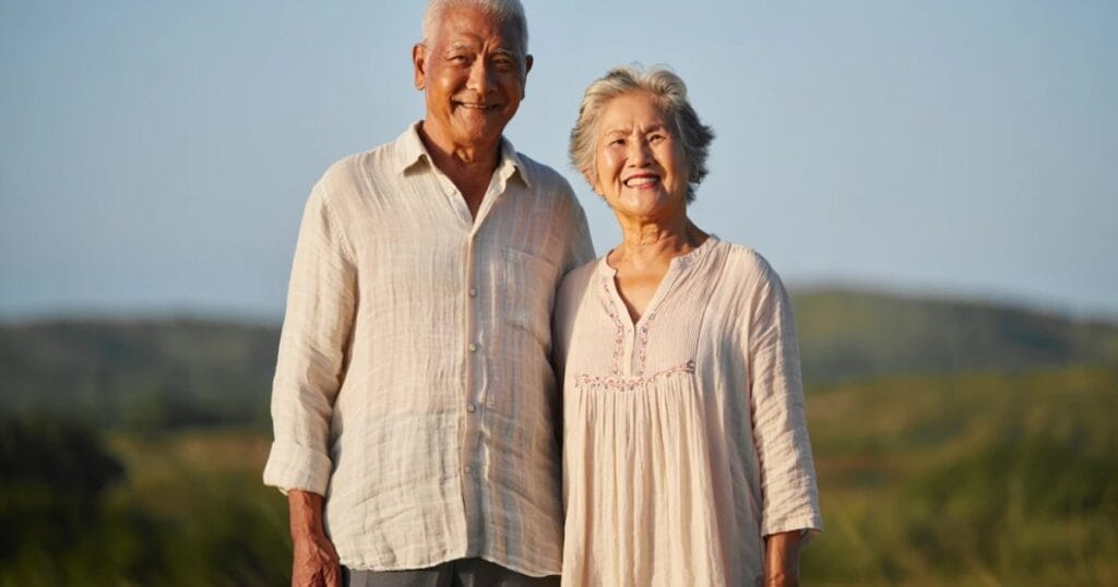 Pareja de adultos mayores sonriente al aire libre, planeando su cobertura de Medicare