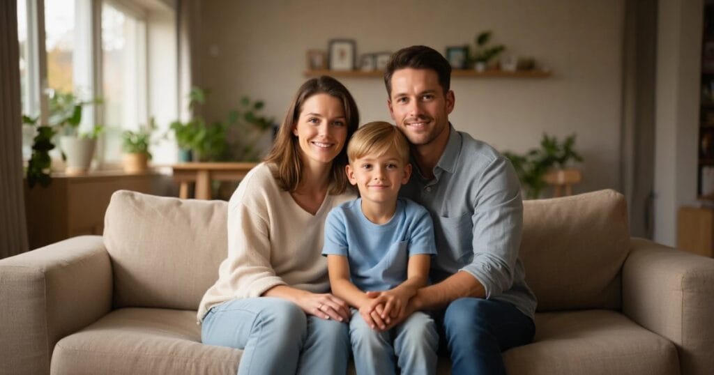 Familia sonriente en casa, protegida con un seguro de vida